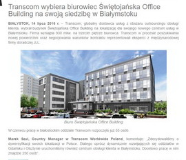 Transcom wybiera biurowiec Świętojańska Office Building na swoją siedzibę w Białymstoku. 